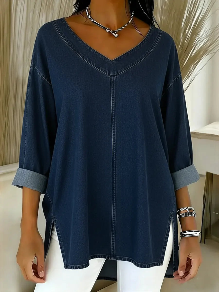 Madison | V-neck denim tunic with rolled sleeves