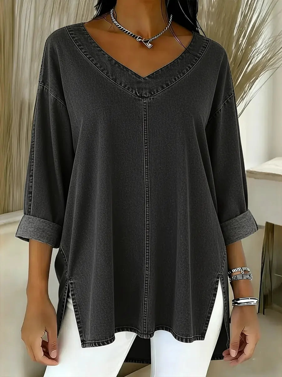 Madison | V-neck denim tunic with rolled sleeves